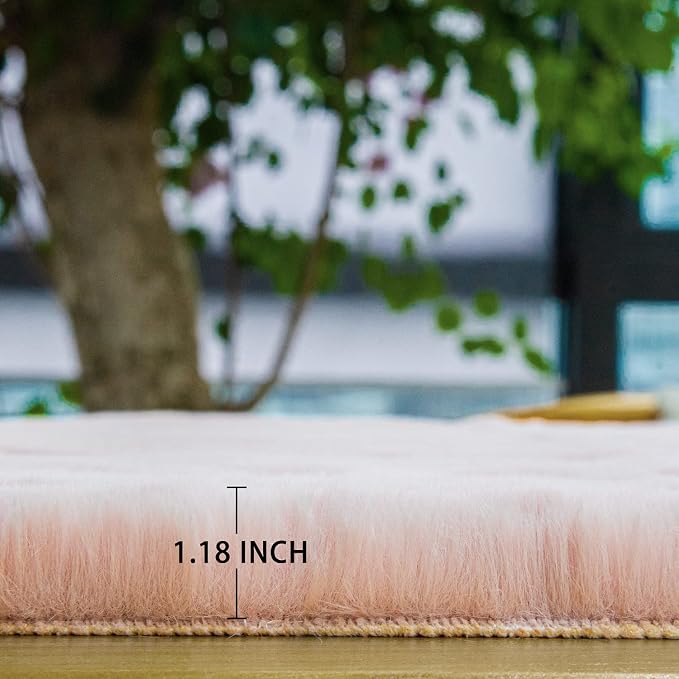 ORINOVA Pink Round Rug 5ft Washable Fluffy Faux Rabbit Fur Area Rugs - Image 6