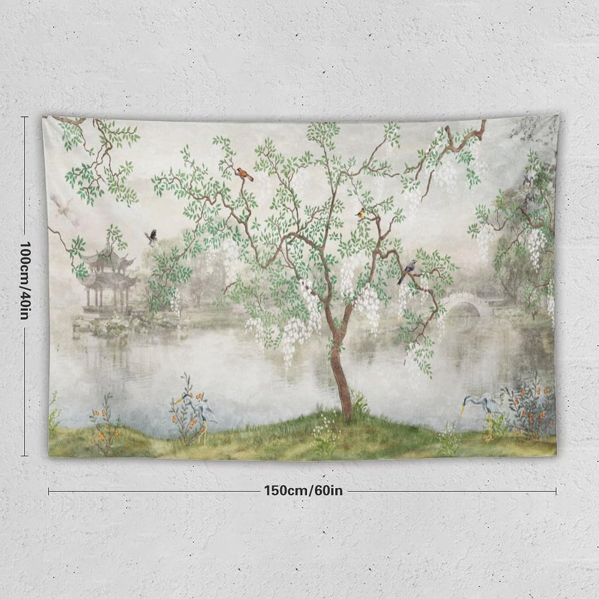 HZOHNAGO Japanese Tapestry Tree Misty Garden Lake Printed Wall Tapestry Ink Painting Wall Hanging for Bedroom Living Room Dorm 60" W x 40" H