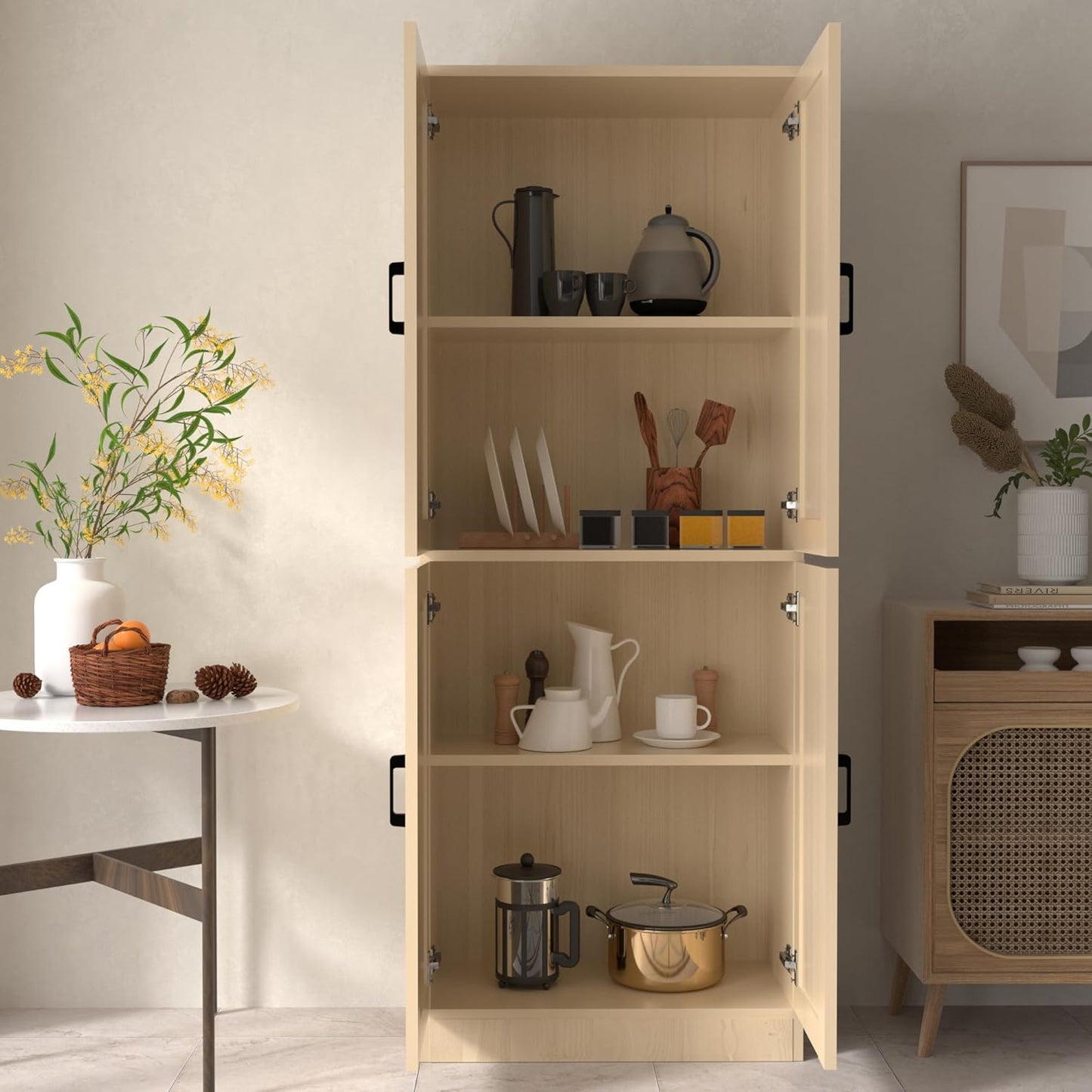 Oak Kitchen Pantry, 71" Tall Cabinet with Doors, Hutch with Storage for Dining Room