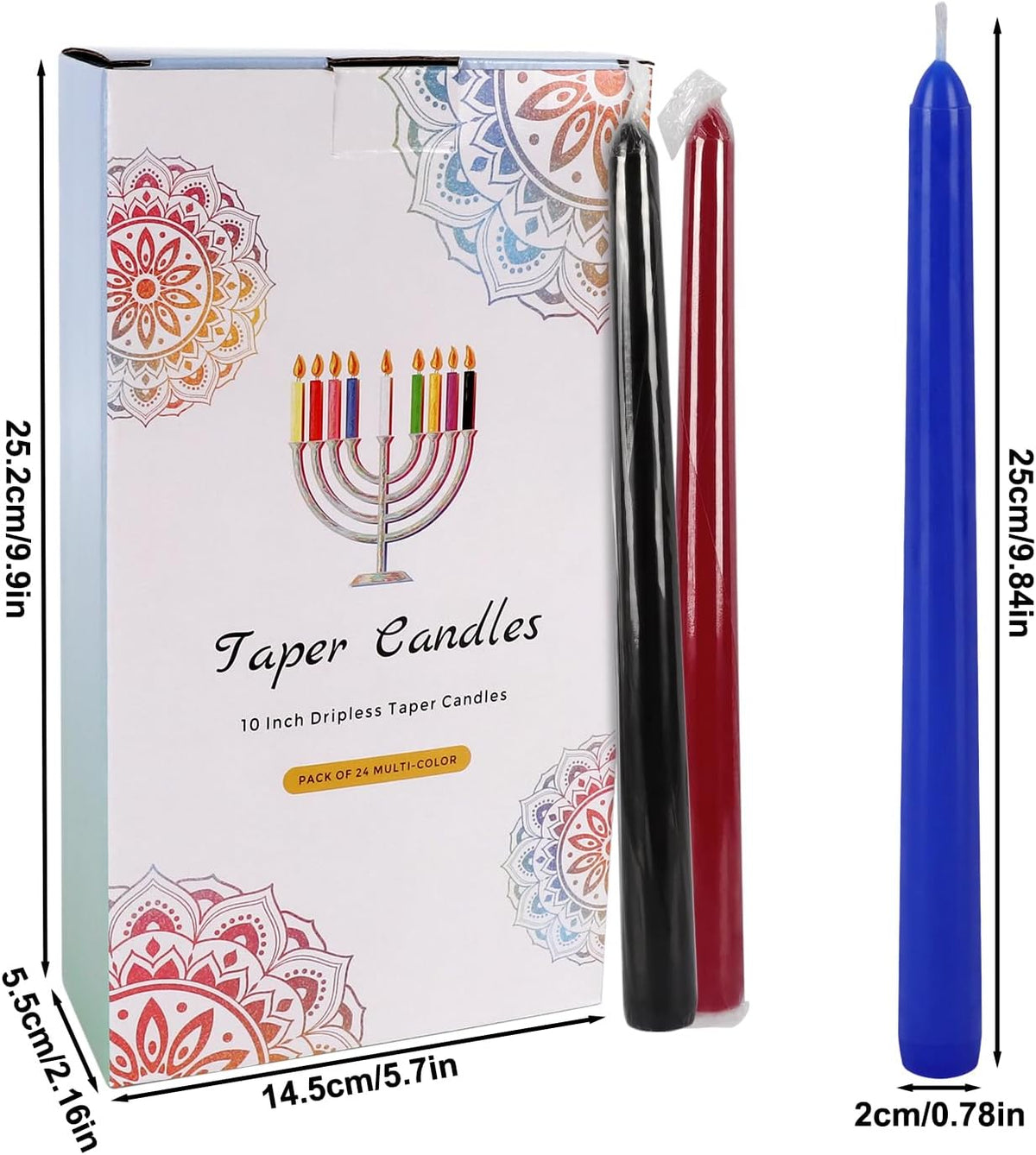 24 Pack 10" Tall Colored Taper Candles, Dripless Unscented Colorful Candlesticks for Birthdays Dinner Party Home Décor, Long Burning Spell Chime Candles for Witchcraft Ritual Prayer Meditation