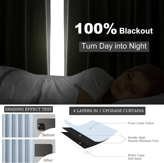 Topfinel Light Blue Linen Blackout Pleated 105 Inch Curtains - Image 5