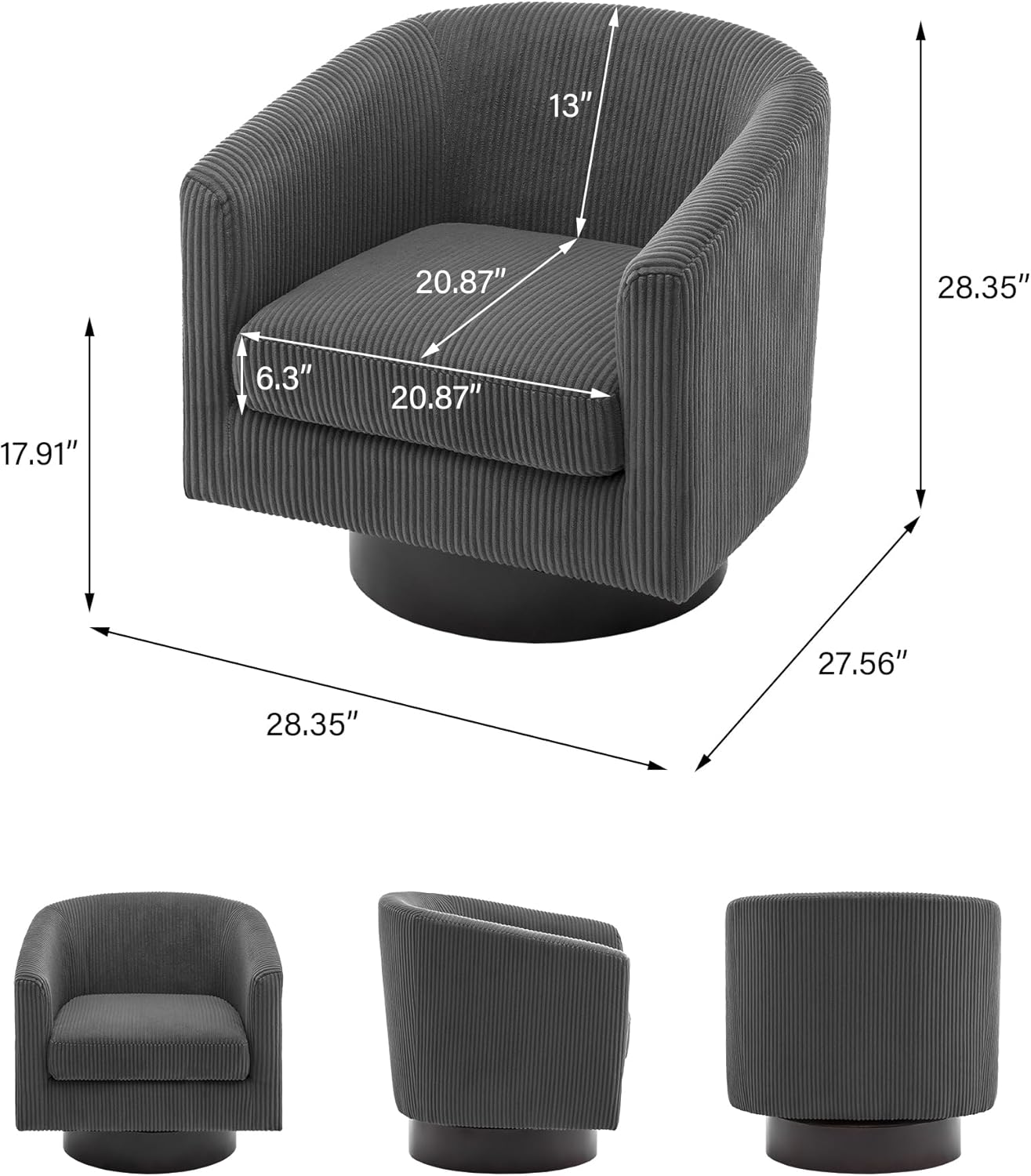 Swivel Barrel Accent Chair, Modern Round Corduroy Fabric Arm Chair for Living Room, Bedroom, Comfy Club Reading Chairs for Adults (Corduroy Grey, Set of 2)