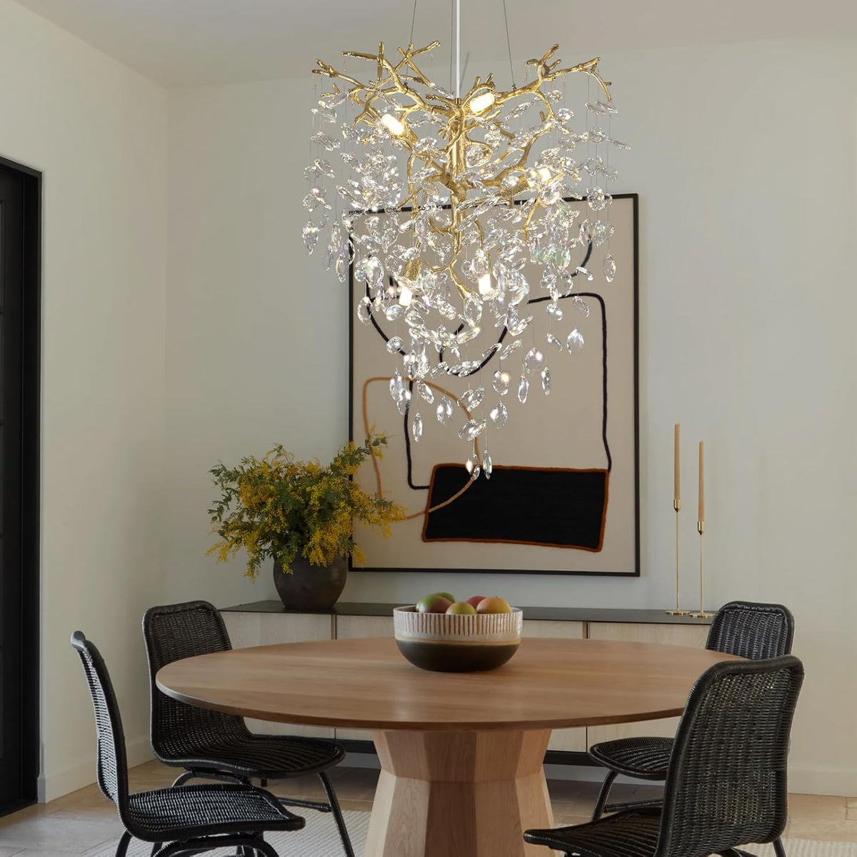Modern Gold Crystal Tree Branches Chandelier,21 Inchs 6 Lights Modern Round K9 Crystal Chandeliers for Dining Room, Bedroom, Living Room, Foyer,Kitchen Island