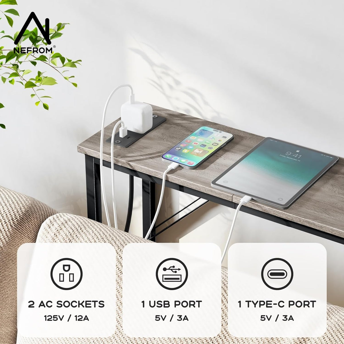31.5‘’ Console Table, Skinny Entryway Table with Fast-Charging Station, Narrow Long Sofa Table, Behind Slim Couch Table for Entrance, Hallway, Living Room Decor ST-GY80-1