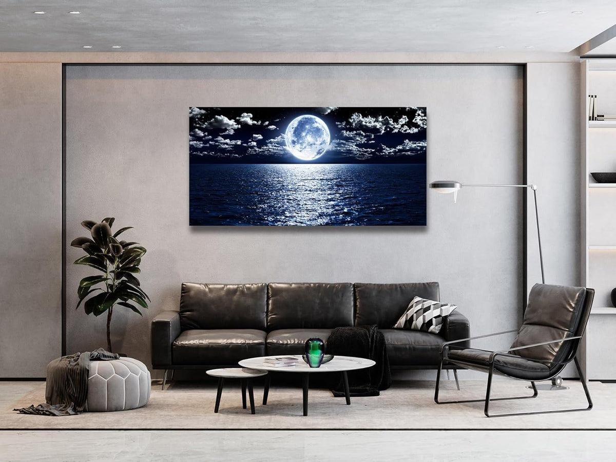 Cao Gen Decor Art S06962 Wall Art Canvas Prints Moon Sea Ocean Landscape 1 Panels Full Moon in Cloud Pictures Paintings Stretched and Framed for Living Room Bedroom Kicthen Office Artwork 24x48inch