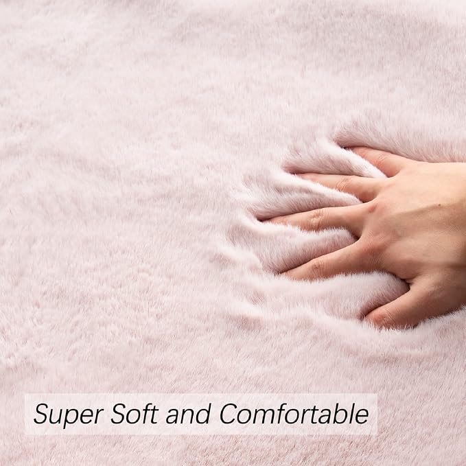 ORINOVA Pink Round Rug 5ft Washable Fluffy Faux Rabbit Fur Area Rugs - Image 4