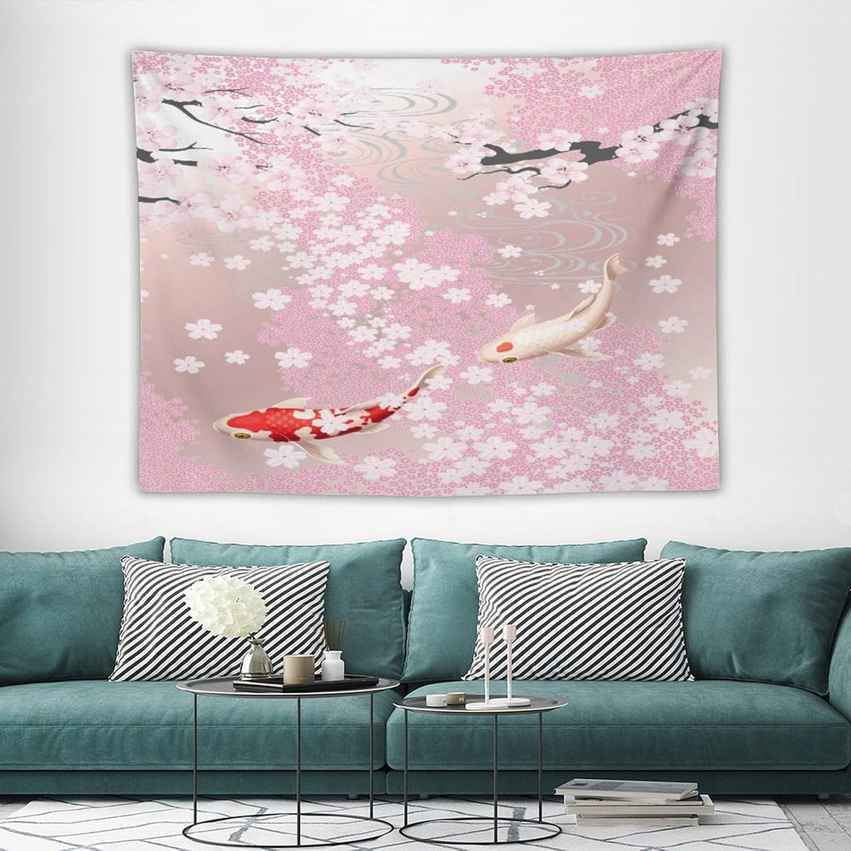Houselerax Japanese Koi Fish Tapestry, Cherry Blossoms Asian Oriental Pink Flower Branch Koi Fish Carp Tapestries Wall Hanging for Bedroom Living Room Office Decor 80"x60"