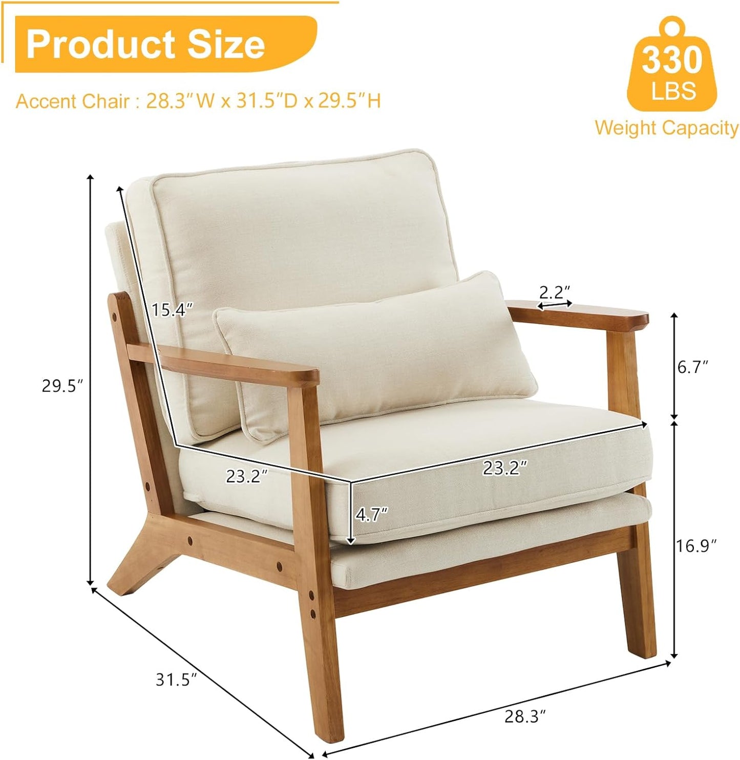 Karl home Accent Chair Wide Armrest Mid-Century Lounge Chair Linen Fabric Armchair with Lumbar Pillow & Solid Wood Frame for Living Room, Bedroom, Balcony, Beige