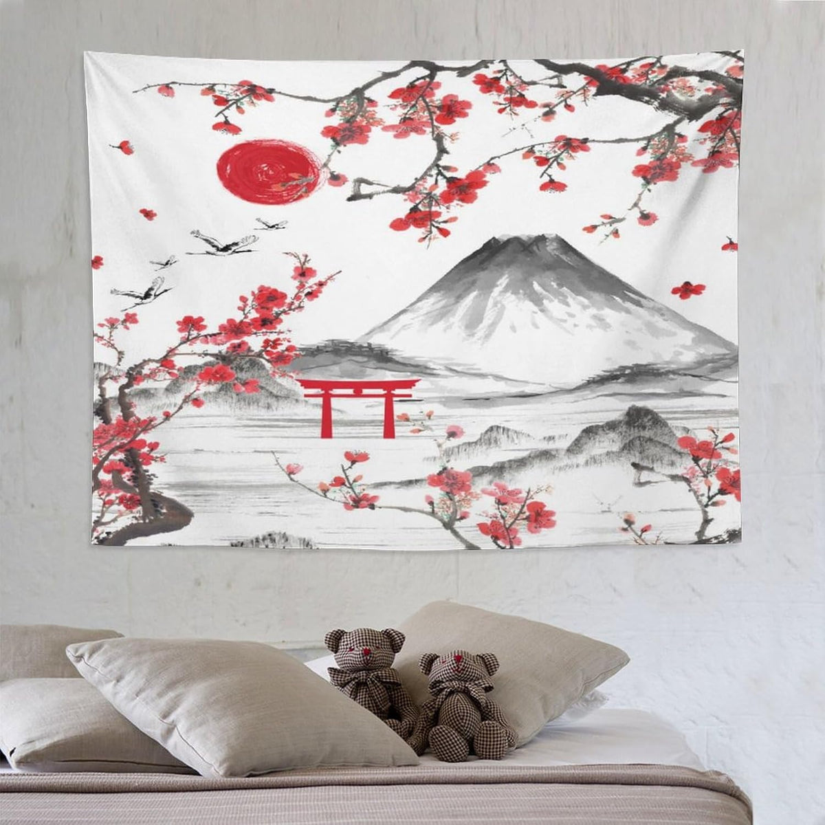 Red Cherry Blossoms Tapestry, Japanese Fuji Mountain Tapestry, Asian Japanese Wall Tapestry, Nature Landscape Tapestries for Bedroom Living Room Decor 80"x60"