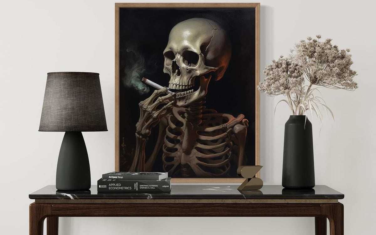Skull Smoking Ciggarettes Poster Art Print, Halloween Scary Vintage Wall Art Academia Spooky Painting Decoration for Horror Prints, Gothic Posters Bedroom Decor 89 (Skull Smoking Ciggarettes, 8 x 10 inches, Wood Frame)