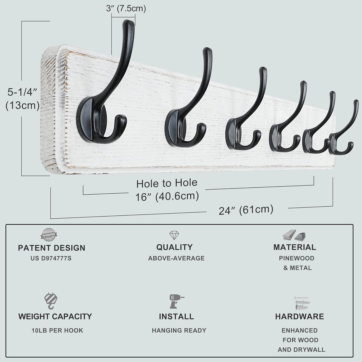 Dseap Wall Mounted Coat Rack: 24" Long, Patented, Heavy-Duty, 6-Double-Hooks Wooden Hanger Rail for Winter Coats, Hat, Jacket, Clothing - White & Black, Pack of 2