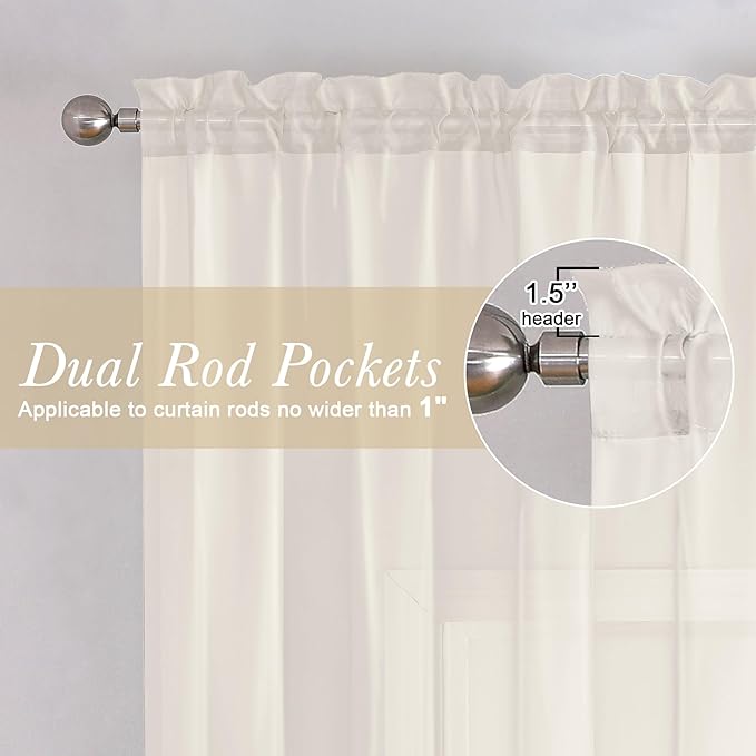 Ivory Sheer Curtains 90 Inches Long 2 Panels, Elegant Light Filtering Voile - Image 5