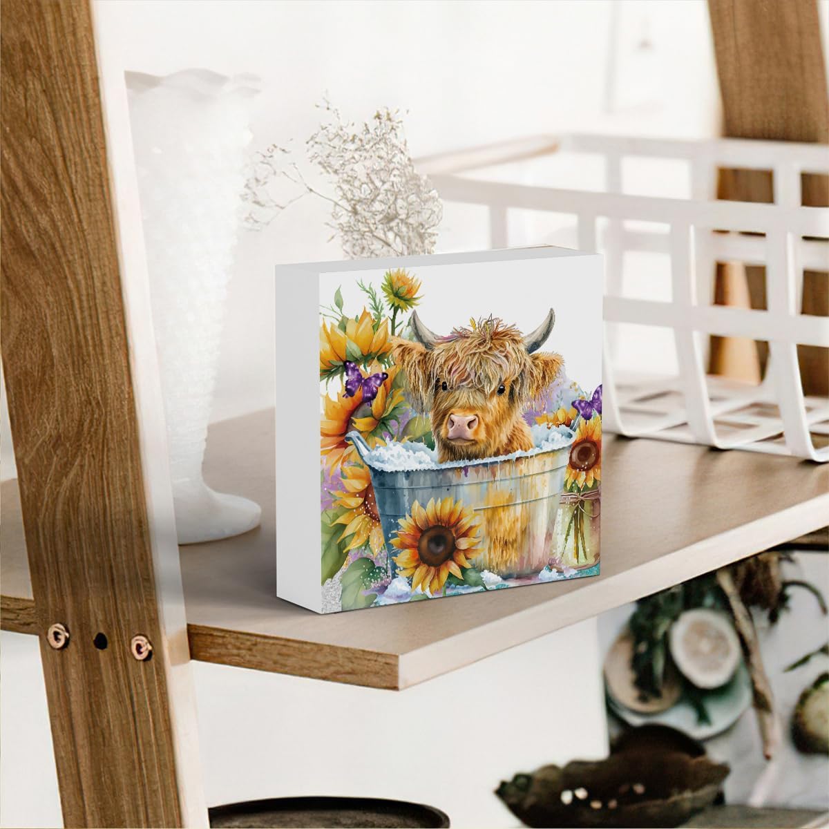 Highland Cow Funny Bathroom Decor, Highland Cow Gifts, Highland Cow Decor,Highland Cow Nursery Decor,Wooden Box Decor Sign for Home Farmhouse Office Living Room Table Shelf Tiered Desk