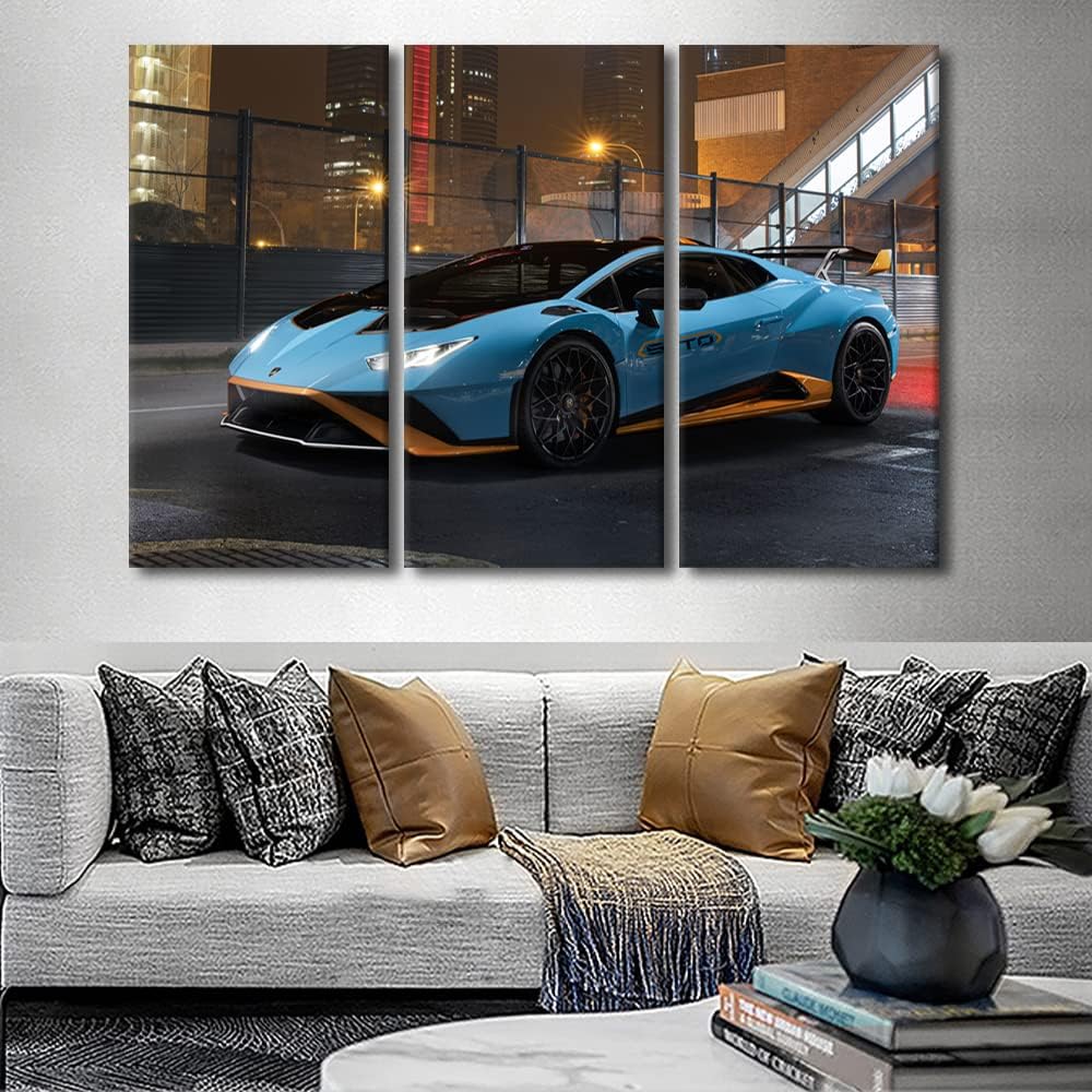 Car Poster Decor Wall Art for Bedroom Blue Super Car Canvas Painting Sports Car Large Wall Art for Living Room Hypercar Speed Blur Contemporary Home Decor 3 Panels Stretched on Wooden Frame 60"Wx40"H