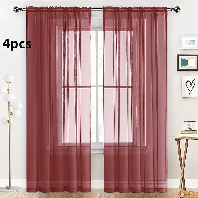 SpaceDresser Burgundy Sheer Curtains 4 Panels Rod Pocket Semi-Sheer Curtain 84 - Image 2