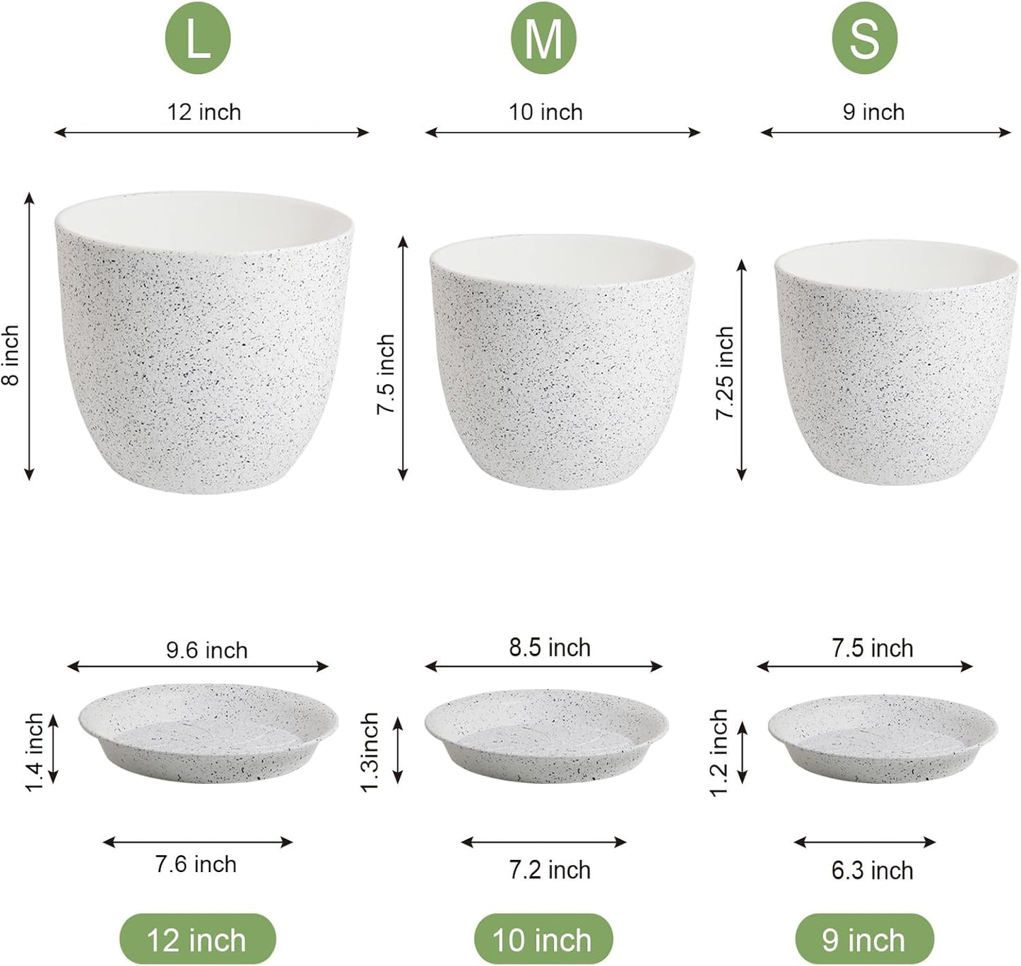 Large Flower Pots 12/10/9 inch, Set of 3 Modern Decorative Plastic Planters with Drainage Holes and Saucers for Garden House Plants, Plant Pots for Indoor Outdoor Plants, Speckled White