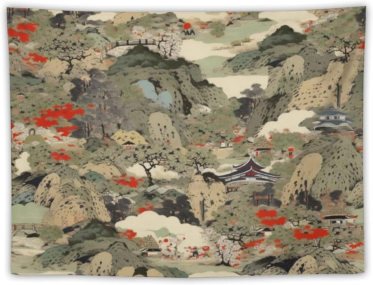 Asian Tapestry,Japanese Red Landscape Asian Watercolor Abstract Art Tapestry, Asian Japanese Wall Tapestry, Nature Landscape Tapestries for Bedroom Living Room Decor 60"x50"