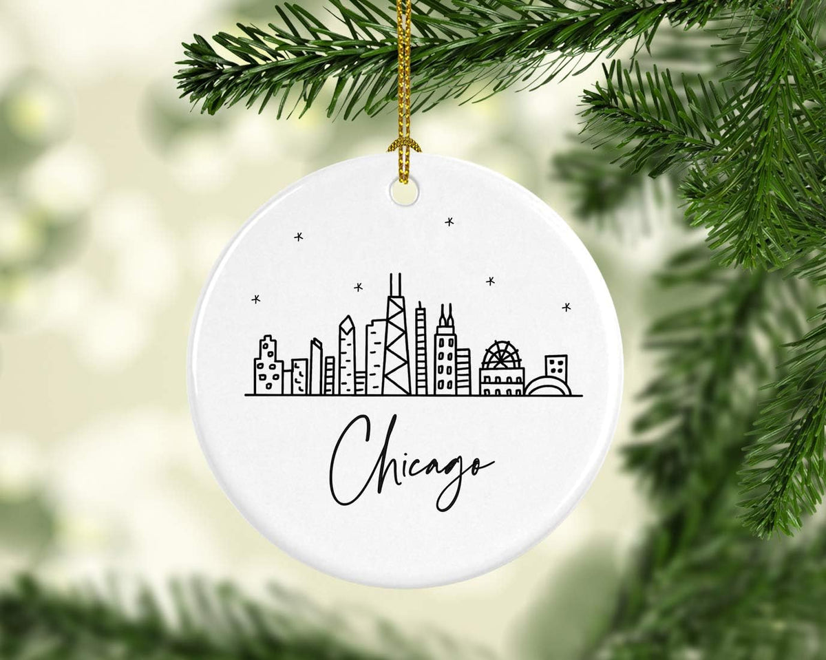 Andaz Press Round Ceramic Porcelain Christmas Tree Ornament Keepsake, Chicago Black and White Stars City Skyline Graphic, 1-Pack, Birthday Gift Idea for Family, Coworker, Him, Her, Includes Gift Box