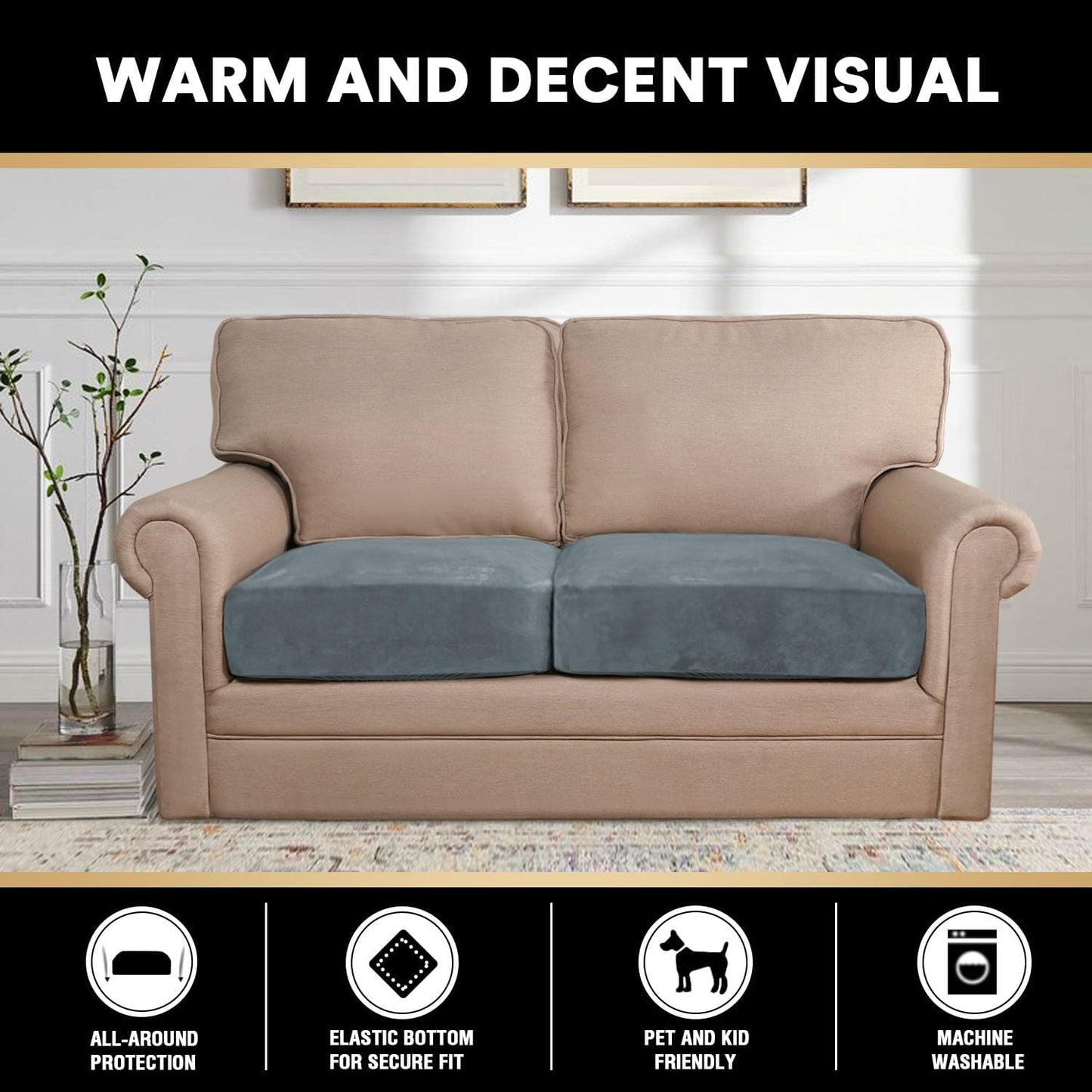 PrinceDeco Velvet Couch Cushion Cover Soft Stretch Cushion Slipcover for Chair Loveseat Sofa Cushion Furniture Protector Seat Cushion Sofa Cover (2 Piece Large Sofa Cushion Covers, Stone Blue)