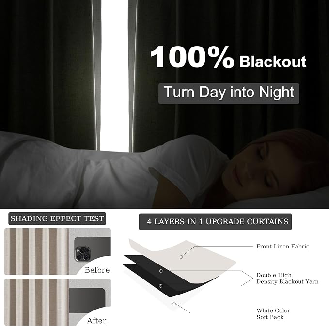 Topfinel 102 Inches Long Blackout Linen Curtains, Soundproofing Pinch Pleated - Image 5
