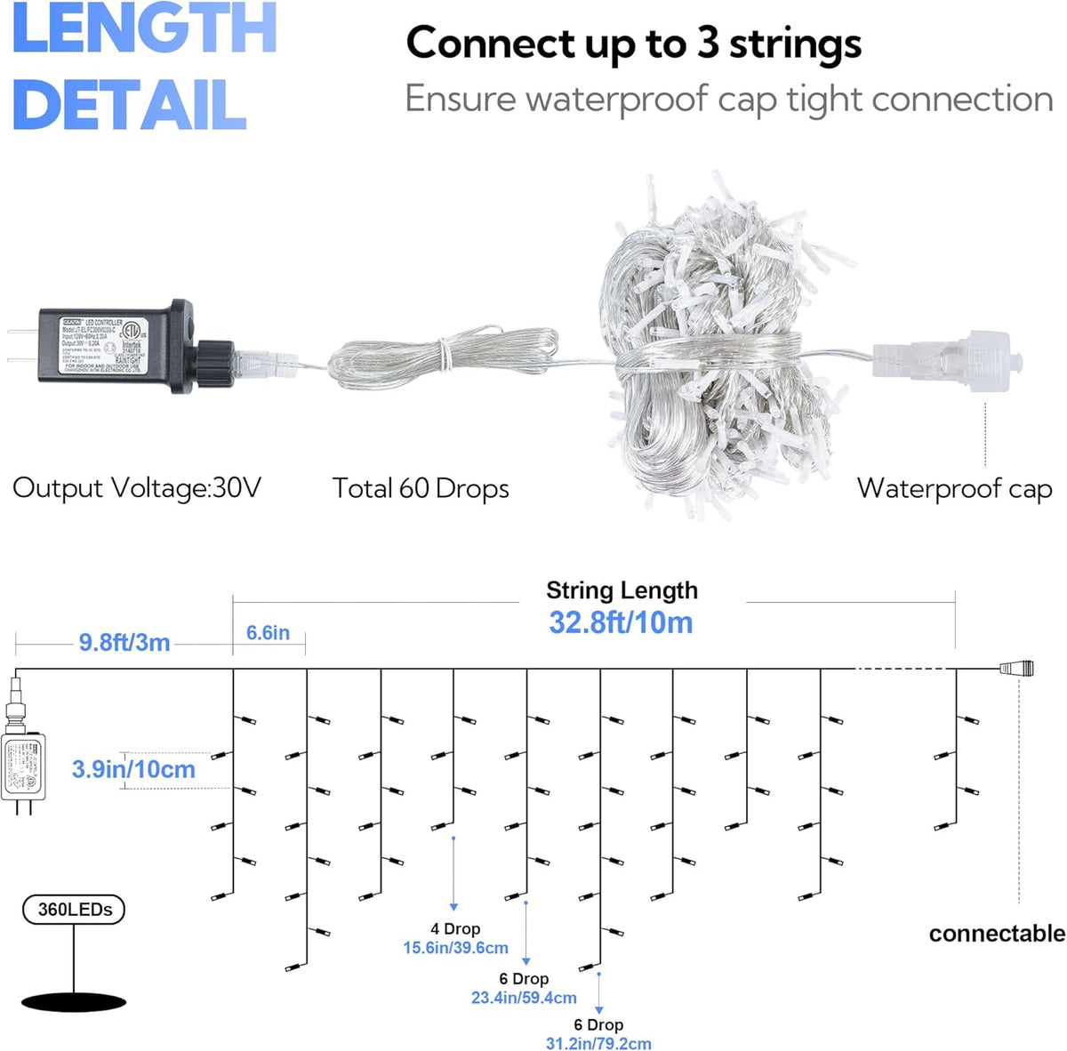 Hopolon 33FT 360L LED Christmas Icicle Lights Outdoor Waterproof,8 Modes Plug in Curtain String LIghts With 60 Drops,Christmas Lights for Wedding,Party,Bedroom,Home,Garden,Wall Decorations(Blue White)