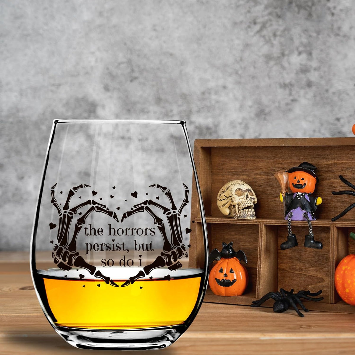 The Horrors Persist But So Do I Wine Glass,Skeleton Heart Hands,Funny Halloween&Valentine's Day Wine Glass,15oz