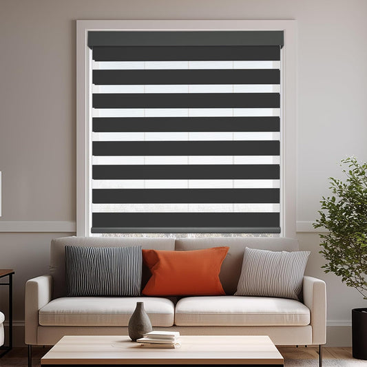 HESTIA Cordless Zebra Blinds Light Filtering Roller Shades UV Blocking Blackout Privacy Indoor Window Shades for Home Office Day and Night, Black,29" W x 48" H