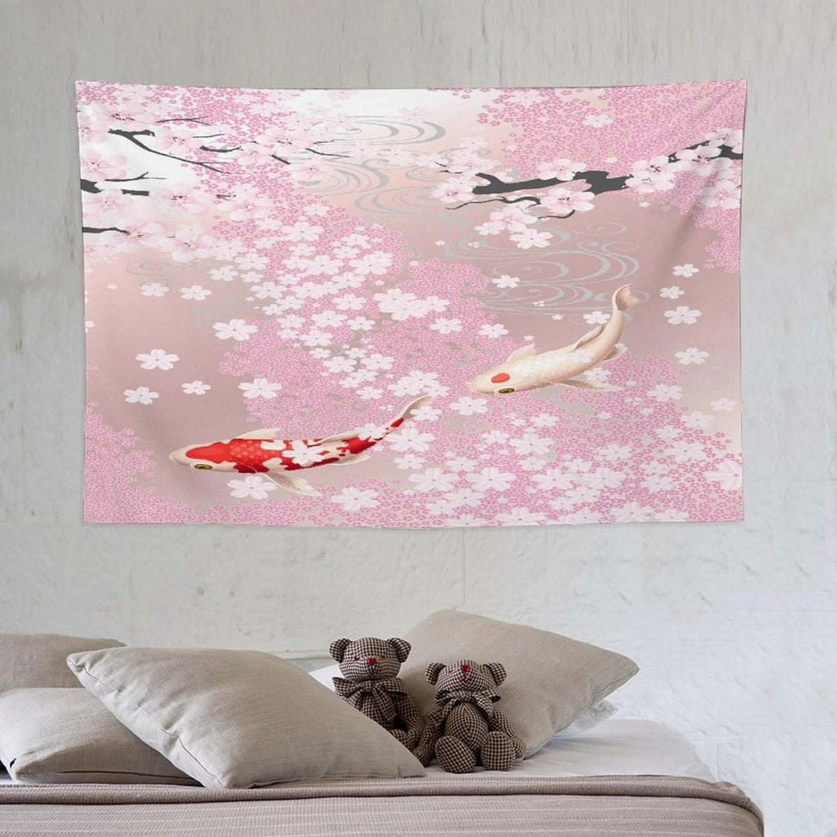 Houselerax Japanese Koi Fish Tapestry, Cherry Blossoms Asian Oriental Pink Flower Branch Koi Fish Carp Tapestries Wall Hanging for Bedroom Living Room Office Decor 60"x40"
