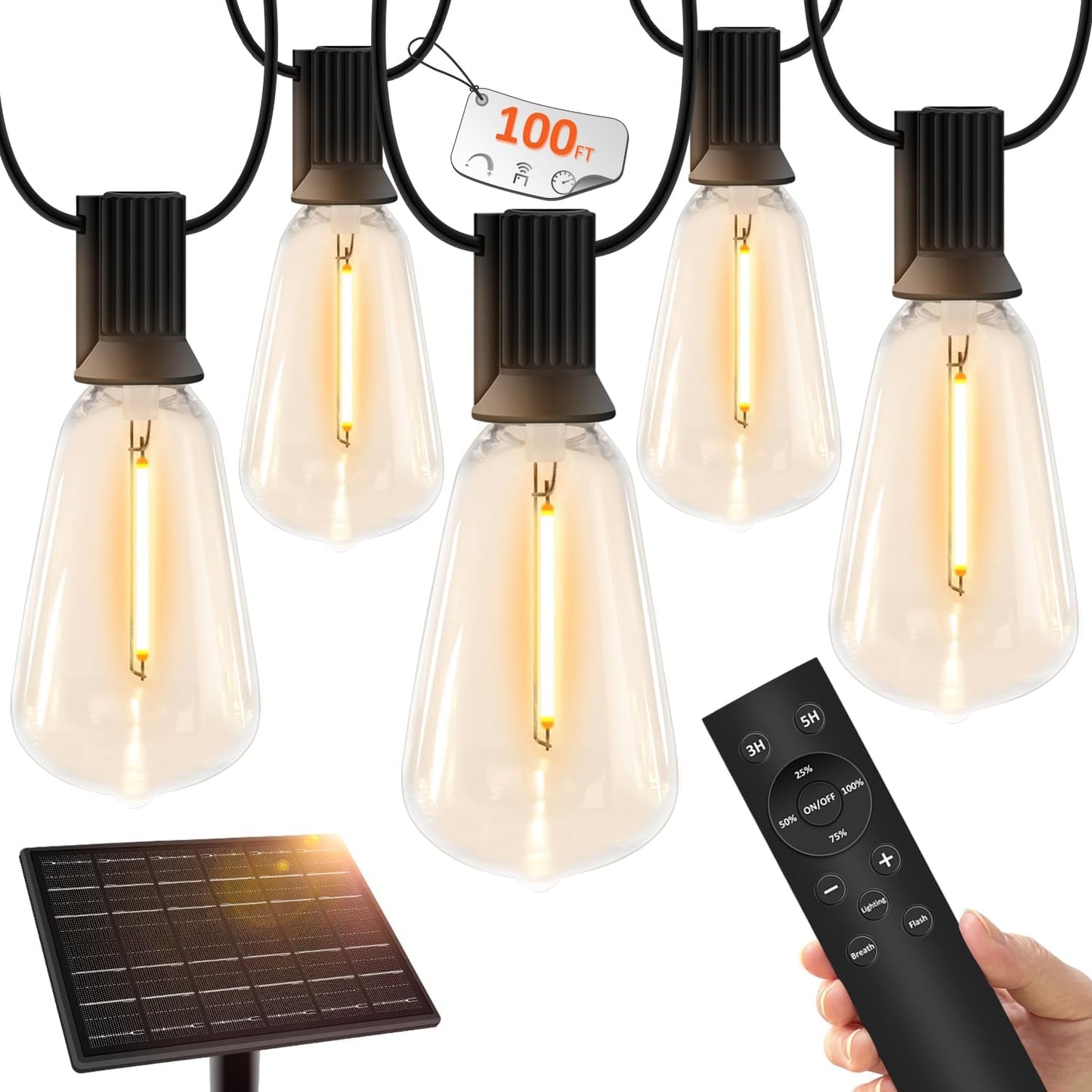 100 FT Solar String Lights Outdoor Waterproof with Remote & USB Port, Solar Power Patio Hanging Lights with Dimmer, Shatterproof LED Edison Bulb Outdoor String Lights for Outside Cafe Yard Fence
