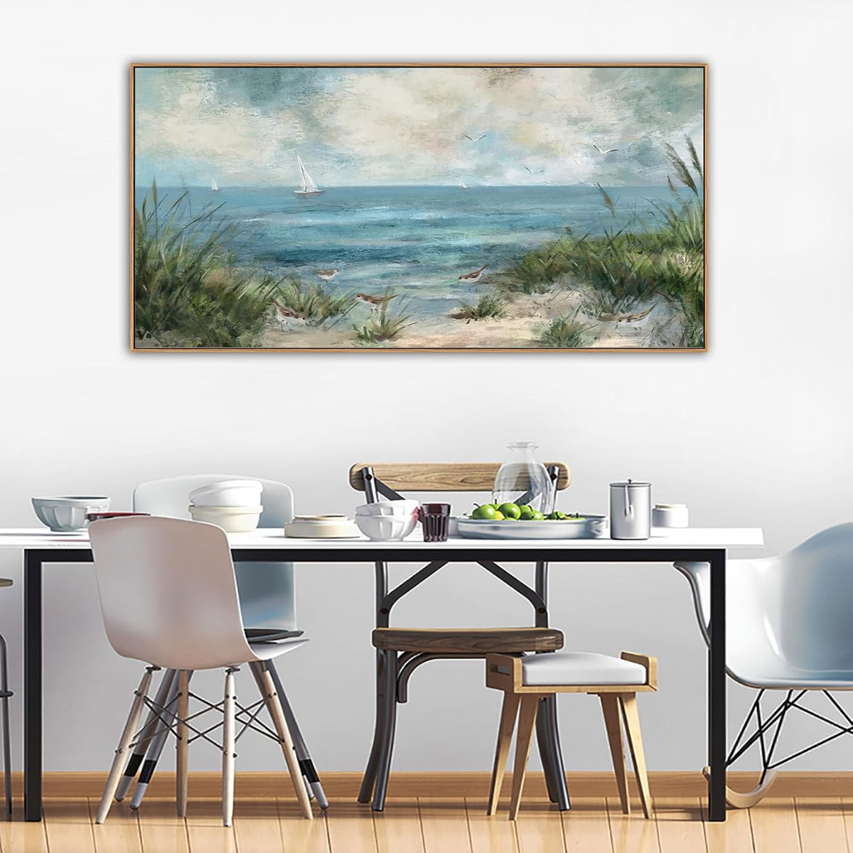 Sea Beach Framed Canvas Wall Art Vintage Seascape Canvas Prints Wall Decor Ocean Sailboat Seagull Canvas Pictures Beach Bird Reed Canvas Painting Artwork Living Room Bedroom Decoration 29" X 58"