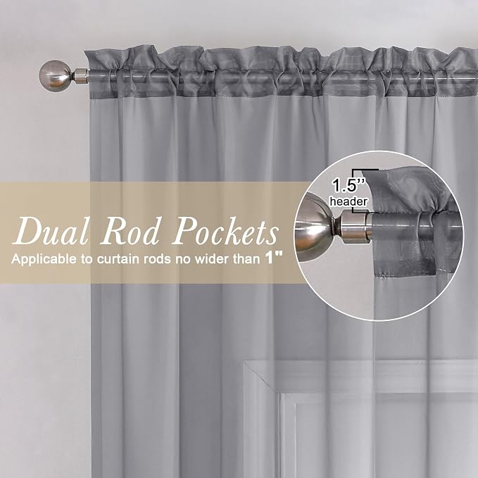 Charcoal Grey Sheer Curtains 63 Inch Length 2 Panels, Rod Pocket Light - Image 3