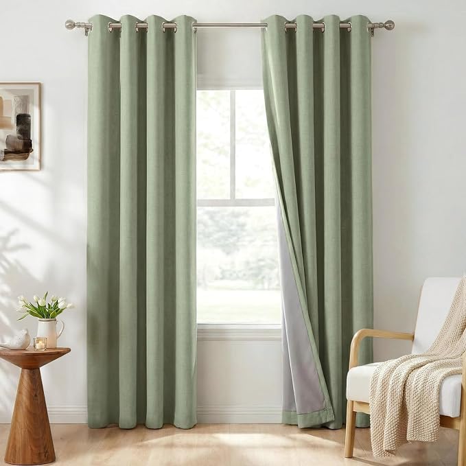100% Blackout Linen Textured Curtains 63 Inch Long, Sage Green | 100% Blackout by 100BlackoutShield