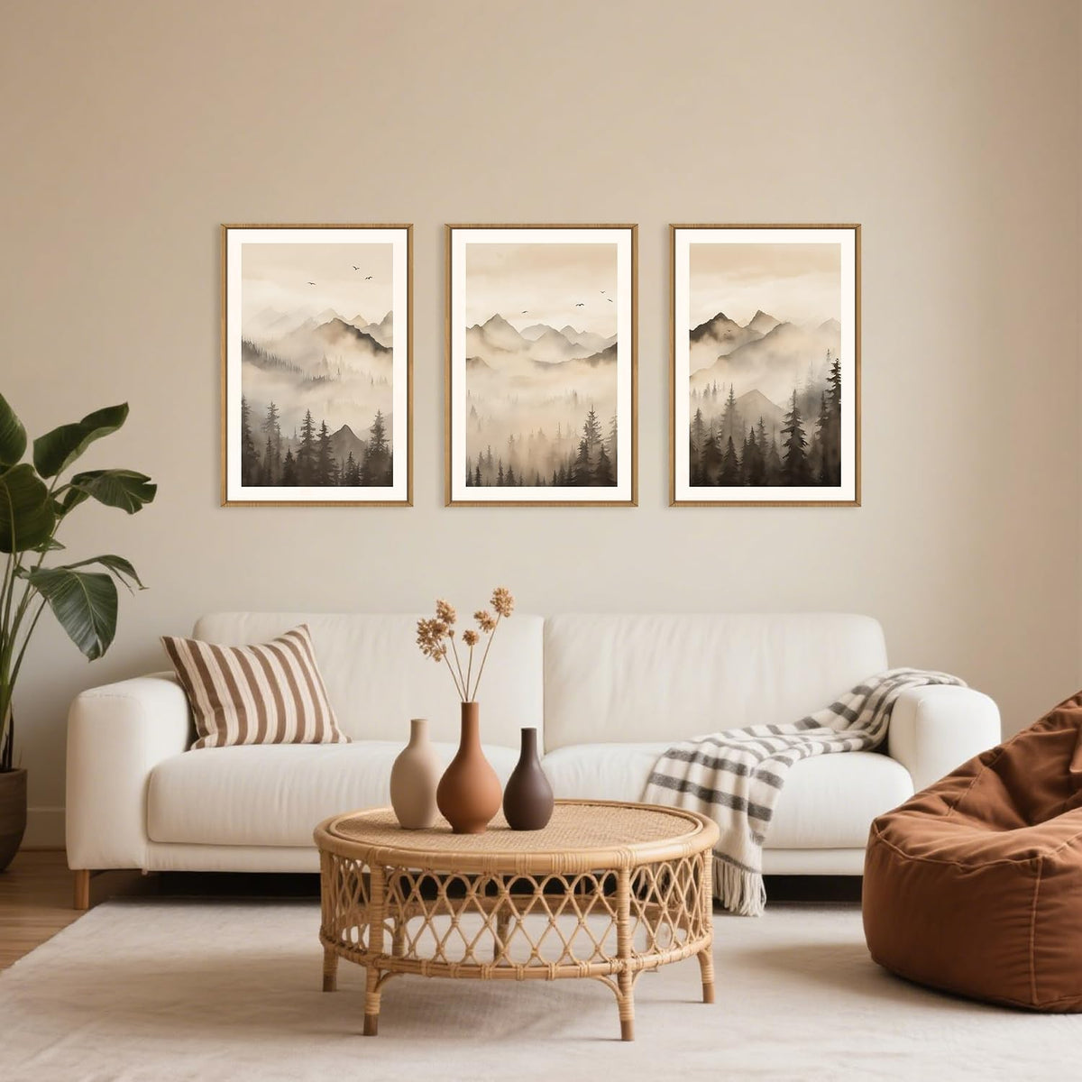 Celestdeco Nature Misty Forest Framed Canvas Wall Art Set, Foggy Landscape Wall Decor, Watercolor Pine Tree Wall Painting, Large Mountains Art Print for Living Room, Bedroom, Office - 24"X36"X3