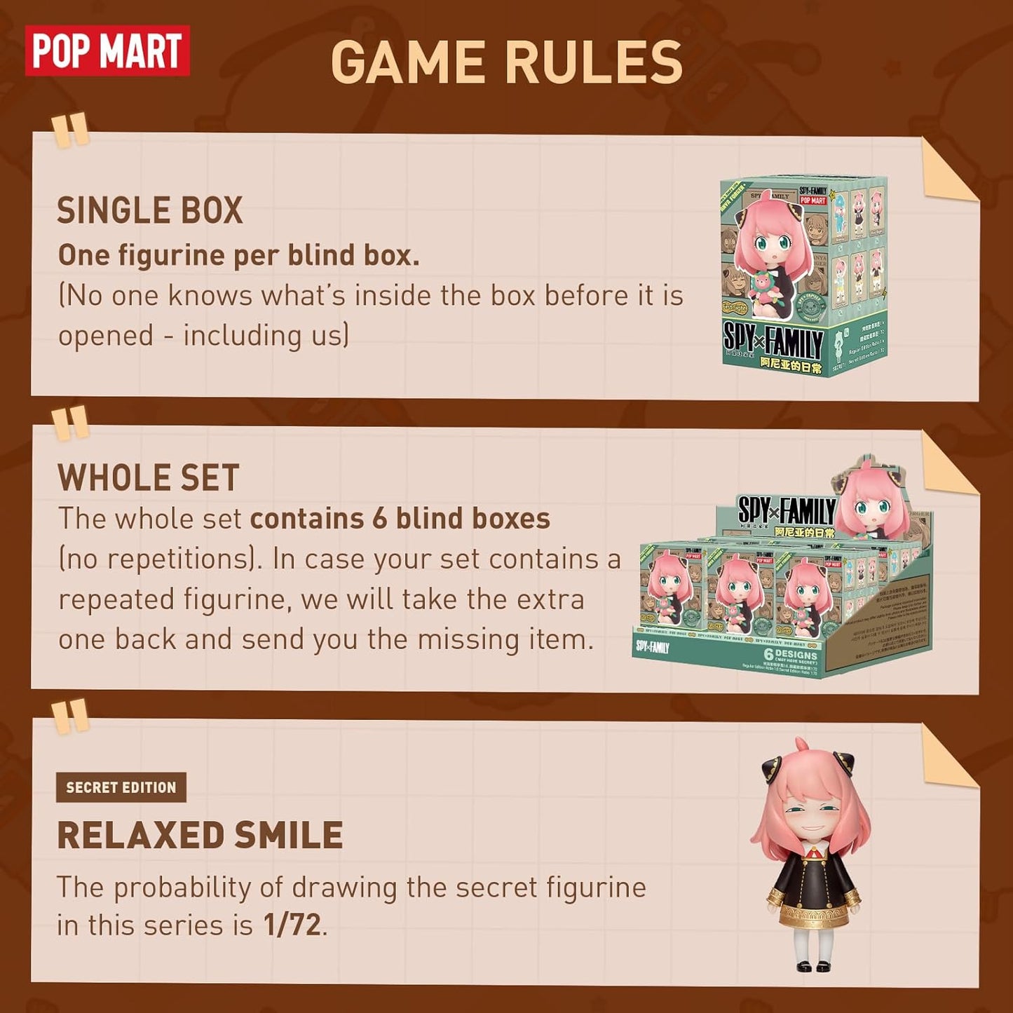 POP MART Spy × Family Anya's Daily Life Series Figures, 6PCs Spy Blind Box Figures, Random Design Action Figures Collectible Toys Home Decorations, Holiday Birthday Gifts, Whole Set