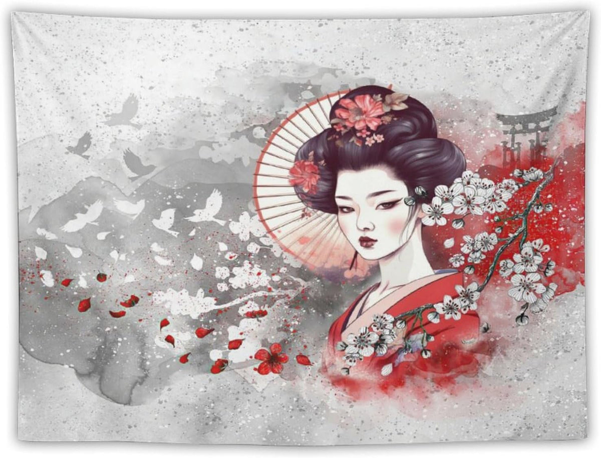 Japanese Geisha Tapestry Asian Red Cherry Blossom Traditional Kimono Folk Tapestries Home Decor for Living Room Bedroom Apartment Farmhouse Dorm 40"x30"