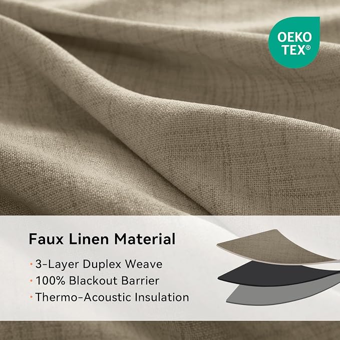 100% Blackout Linen Textured Curtains 72 Inch Long, Plaza Taupe | 100% Blackout - Image 4