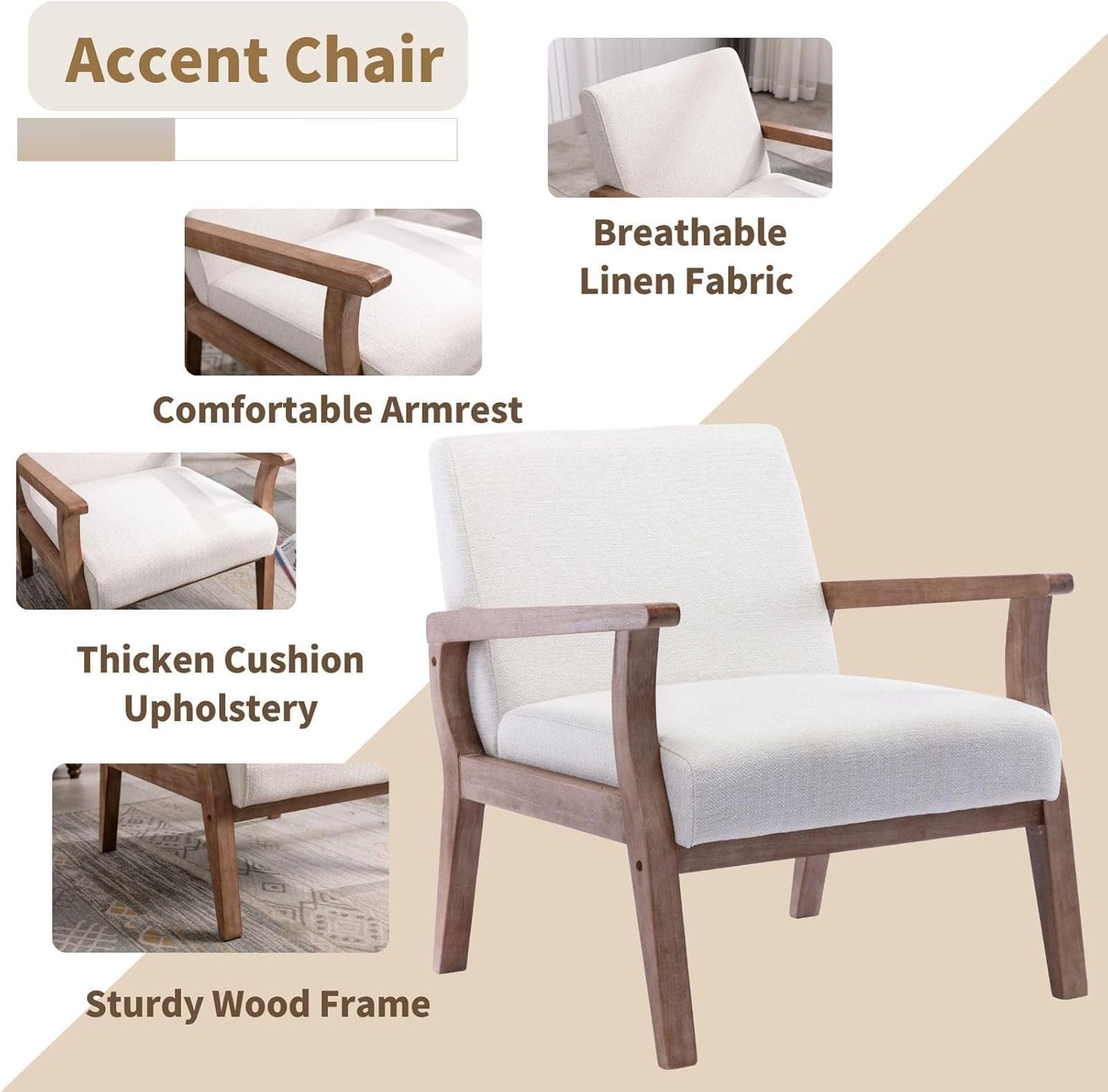 HNY Mid Century Armchair with Wood Frames, Linen Upholstered Living Room Arm Chair, for Living Room, Bedroom, Ivory