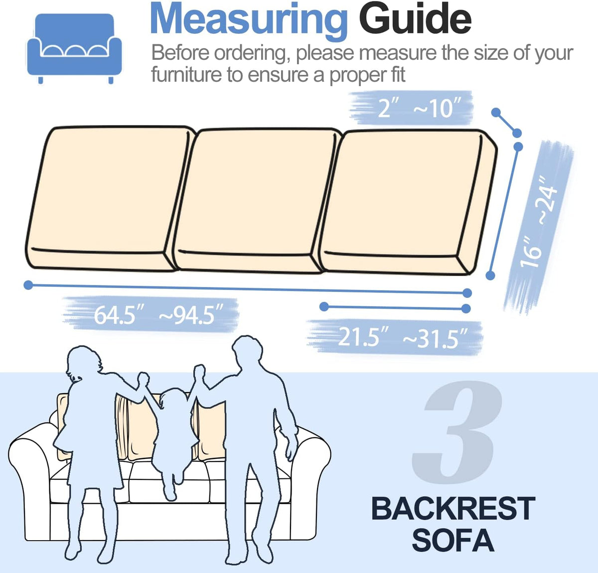 Large Backrest Cushion Covers Super Stretch Backrest Covers for 3 Cushion Couch Sofa, Couch Back Cushion Covers Featuring with Chenille Yarn (Softer Version, 3PC, Beige)