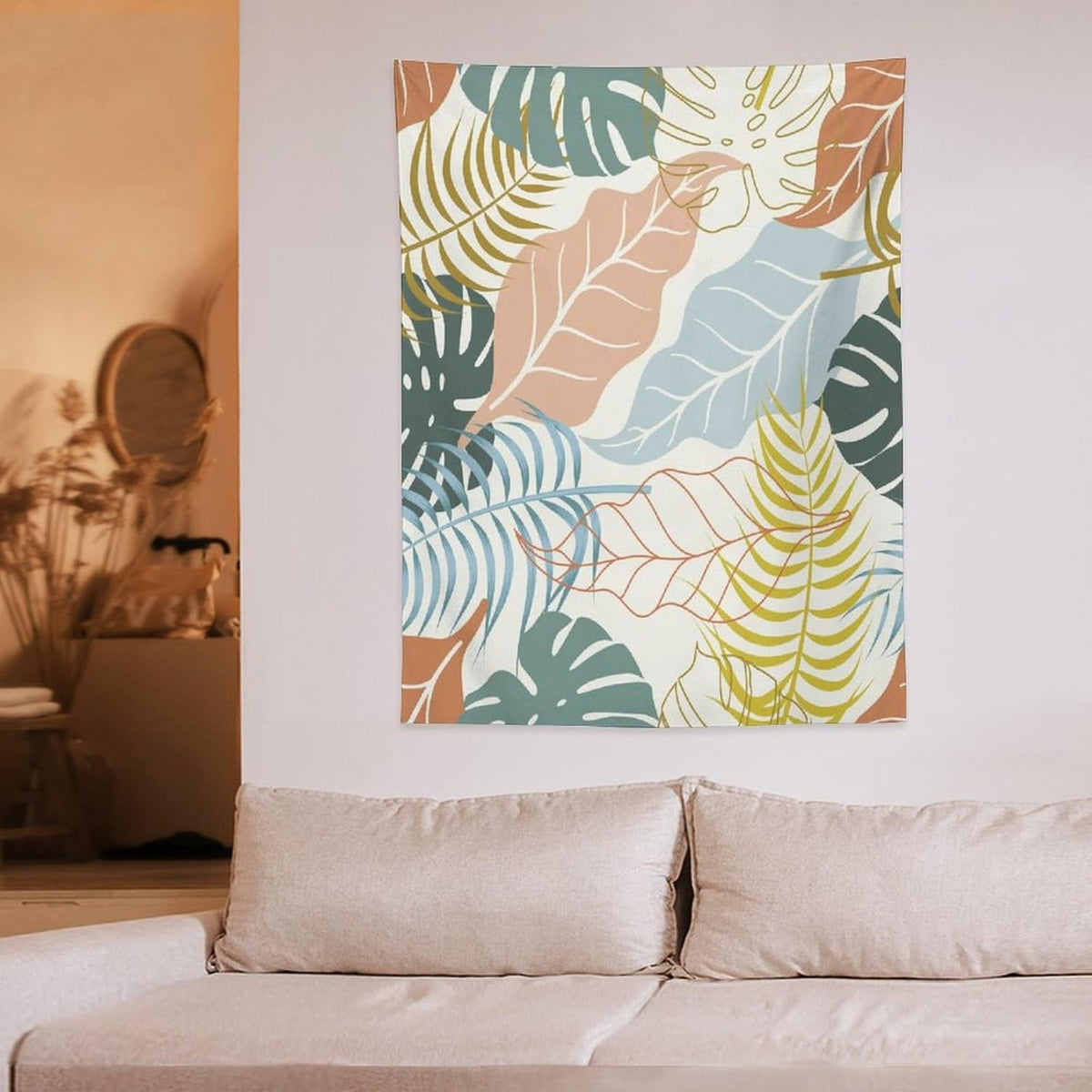 ICMOLYYENLO Boho Green Leaves Tapestry, Mid Century Abstract Tropical Palm Leaves Modern Minimalist Geometric Wall Hanging, Neutral Home Decor Art for Living Room Bedroom Dorm 30x40 Inch