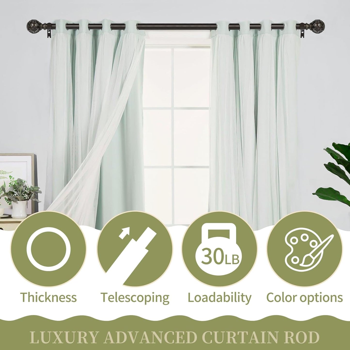 Bronze Farmhouse Curtain Rods for Windows:18-60 Inch Heavy Duty Adjustable Curtain Rod for Bedroom Living Room,Boho Decorative Rustic Drapery Rods with Vintage Coastal Finial,Antique Bronze