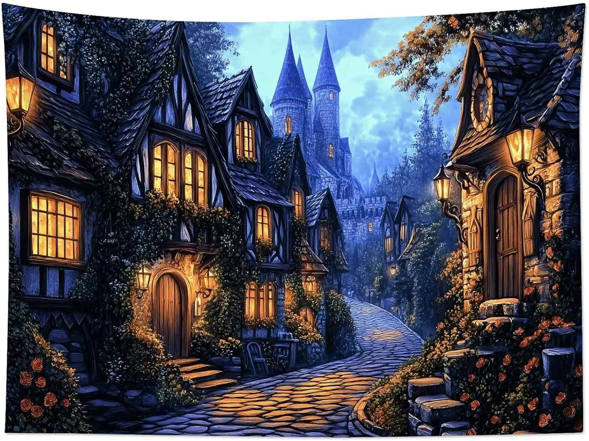 LB Vintage Castle Tapestry, Night Street Old House and Green Tree Wall Tapestry for Bedroom Aesthetic, Village Gothic Wall Art for Living Room Dorm Home Decor Ready to Hanging, 80 x 60 Inches