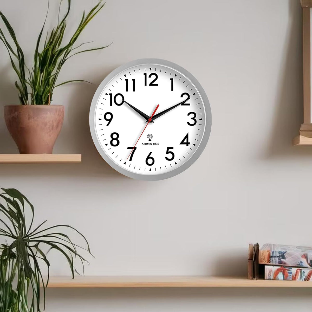 Atomic Wall Clock Analog 10 Inch Battery Operated Modern Decorative for Living Room Kitchen Office Bedroom Bathroom(Silver)