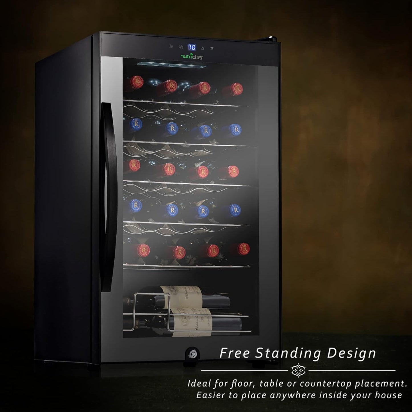 Nutrichef 24 Bottle Wine Fridge | Single Zone Wine Chiller | Adjustable Temperature Control 41°F to 64°F | Ultra Quiet Operation | Wine Cooler For Home & Office | Free Standing 29x16x17 IN