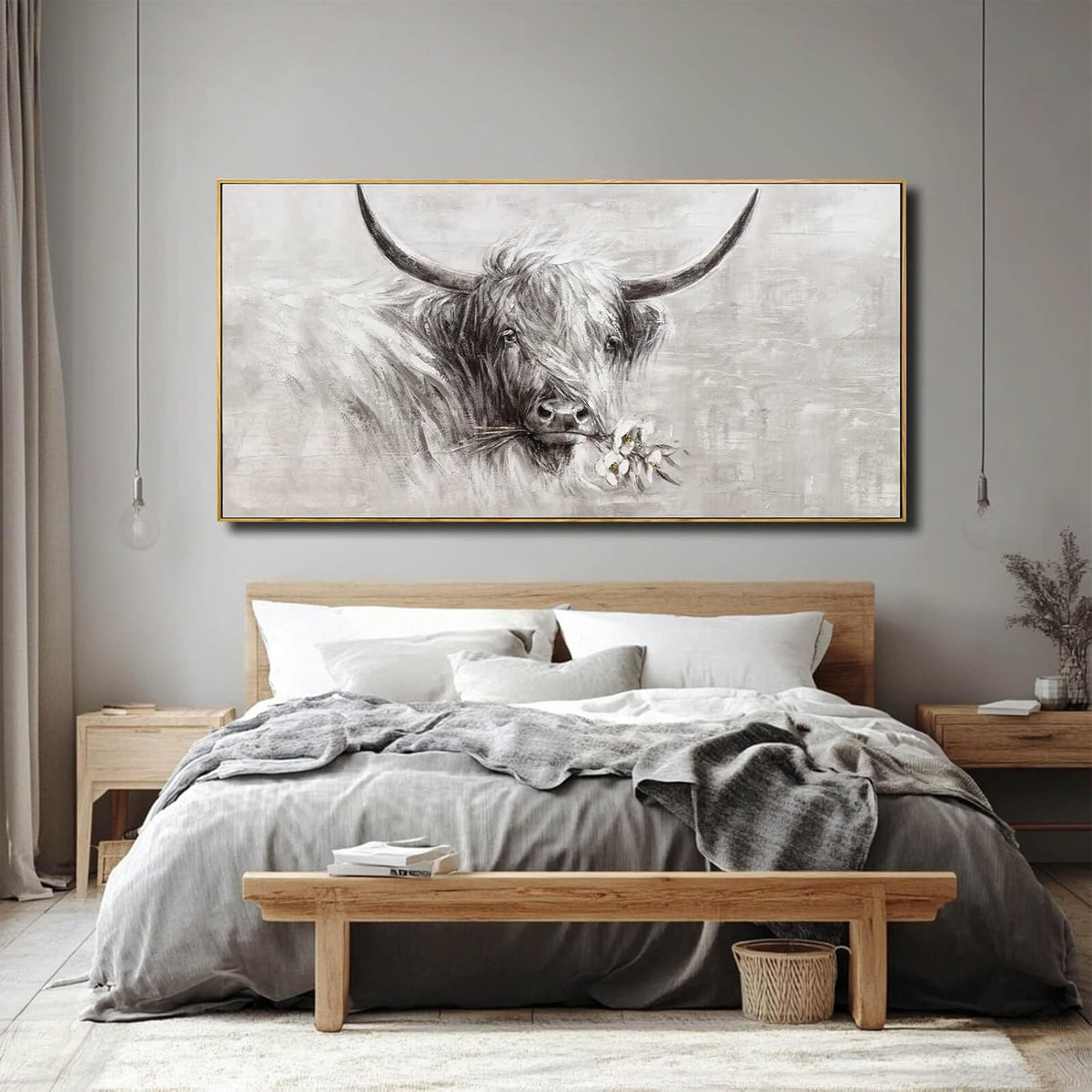 Farmhouse Decor Framed Wall Animal and Flower Artwork Grey Vintage Cow Wall Art with Frame for Living Room Bedroom Dining Room Office 29x58 Inch