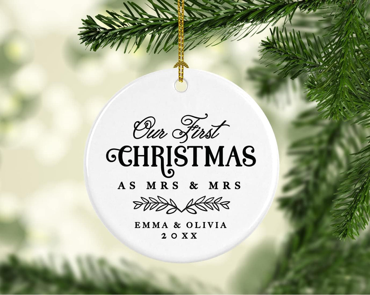 Andaz Press Personalized Our First Christmas As Mrs. & Mrs. 2025 Christmas Ornaments Laurel Wreath Leaves 2.8" Round Porcelain Ceramic Lesbian Married Couple Gay Women Newlyweds Keepsake 1-Pack
