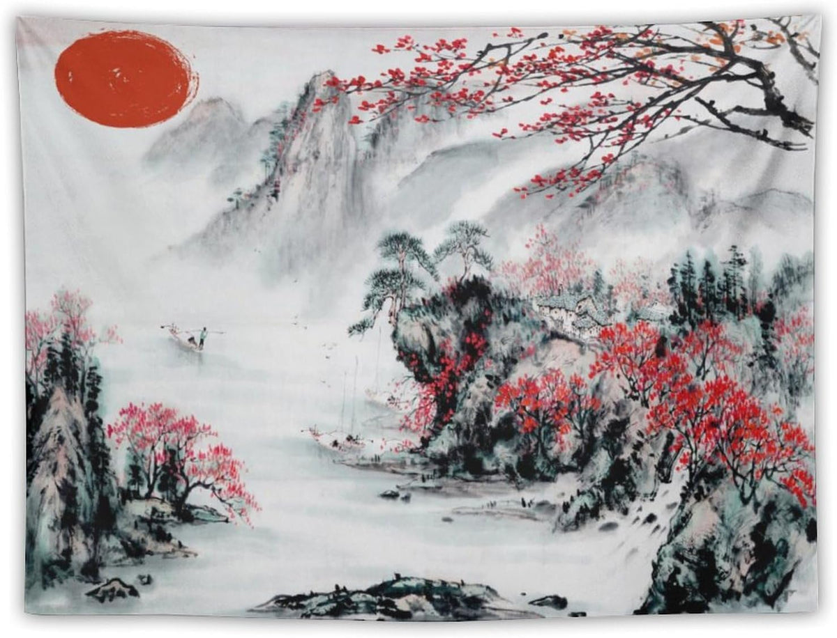 Cherry Blossoms Tapestry,Japanese Red Landscape Asian Watercolor Abstract Art Tapestry, Asian Japanese Wall Tapestry, Nature Landscape Tapestries for Bedroom Living Room Decor 90"x60"