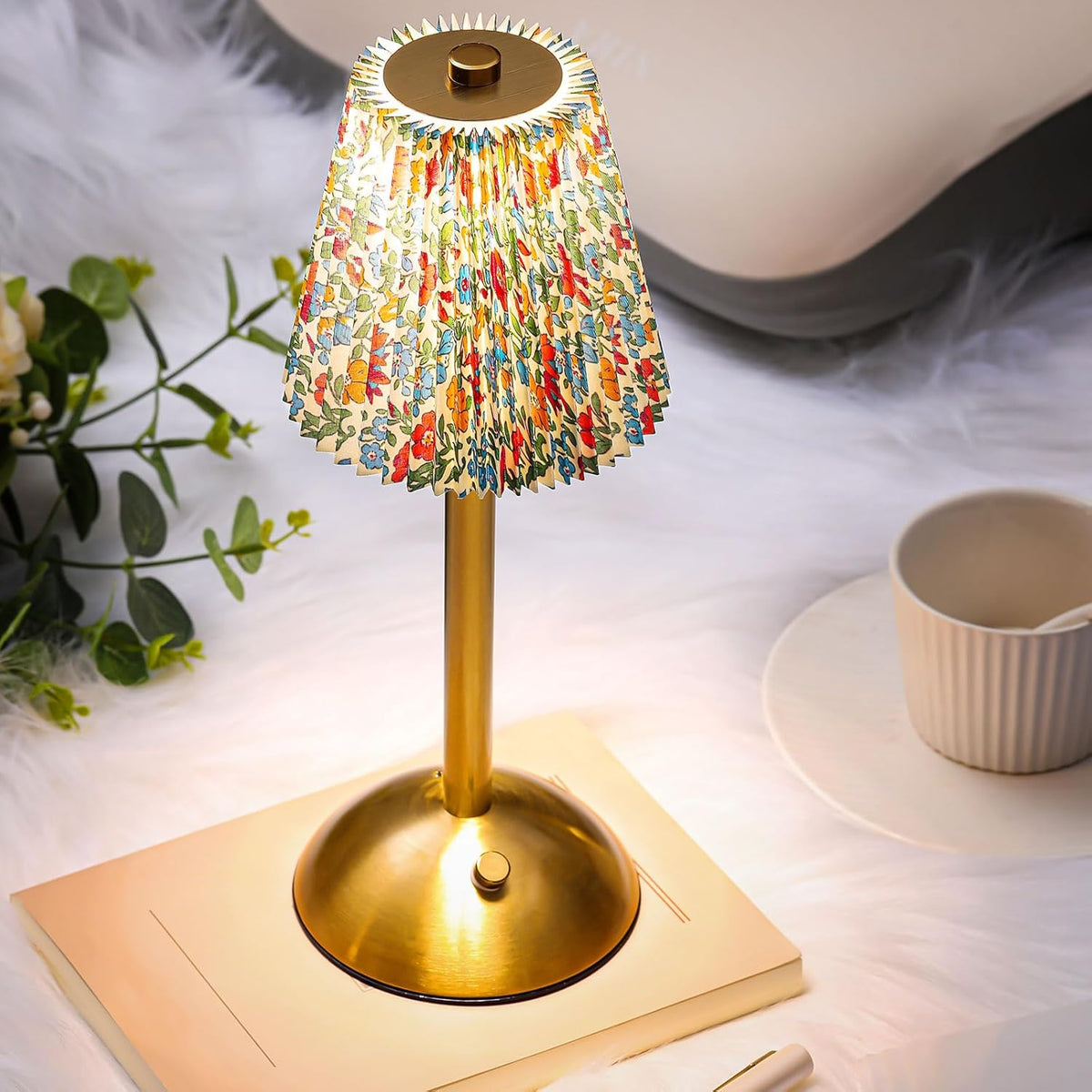 Liliful 2 Pcs LED Portable Cordless Table Lamp Touch Battery Operated Rechargeable Desk Lamp 3 Color Dimmable for Bedroom Living Room Dining (Floral Style,Gold)