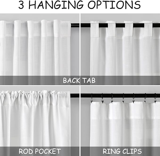 White Linen Back Tab Rod Pocket Curtains 52 Inch Length - Image 3