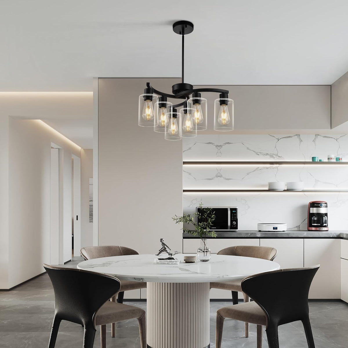6 Light Modern Farmhouse Chandelier，Black Dining Room Light Fixture，Kitchen Pendant Lights Over Island with Glass Shade