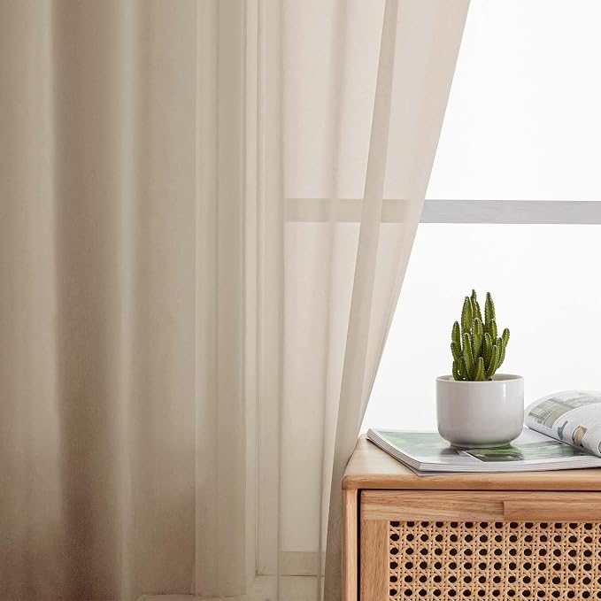Taupe Sheer Curtains for Bedroom Living Room 45 Inch Length 2 Panels, Soft Airy - Image 6